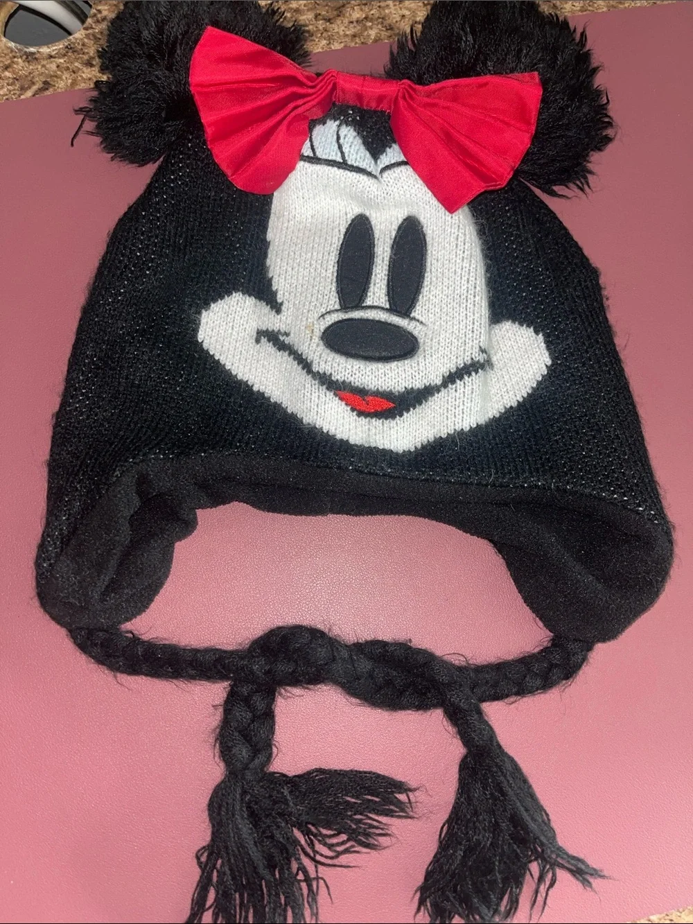 Disney Black Knit Minnie Mouse Earflap Hat with Red Bow